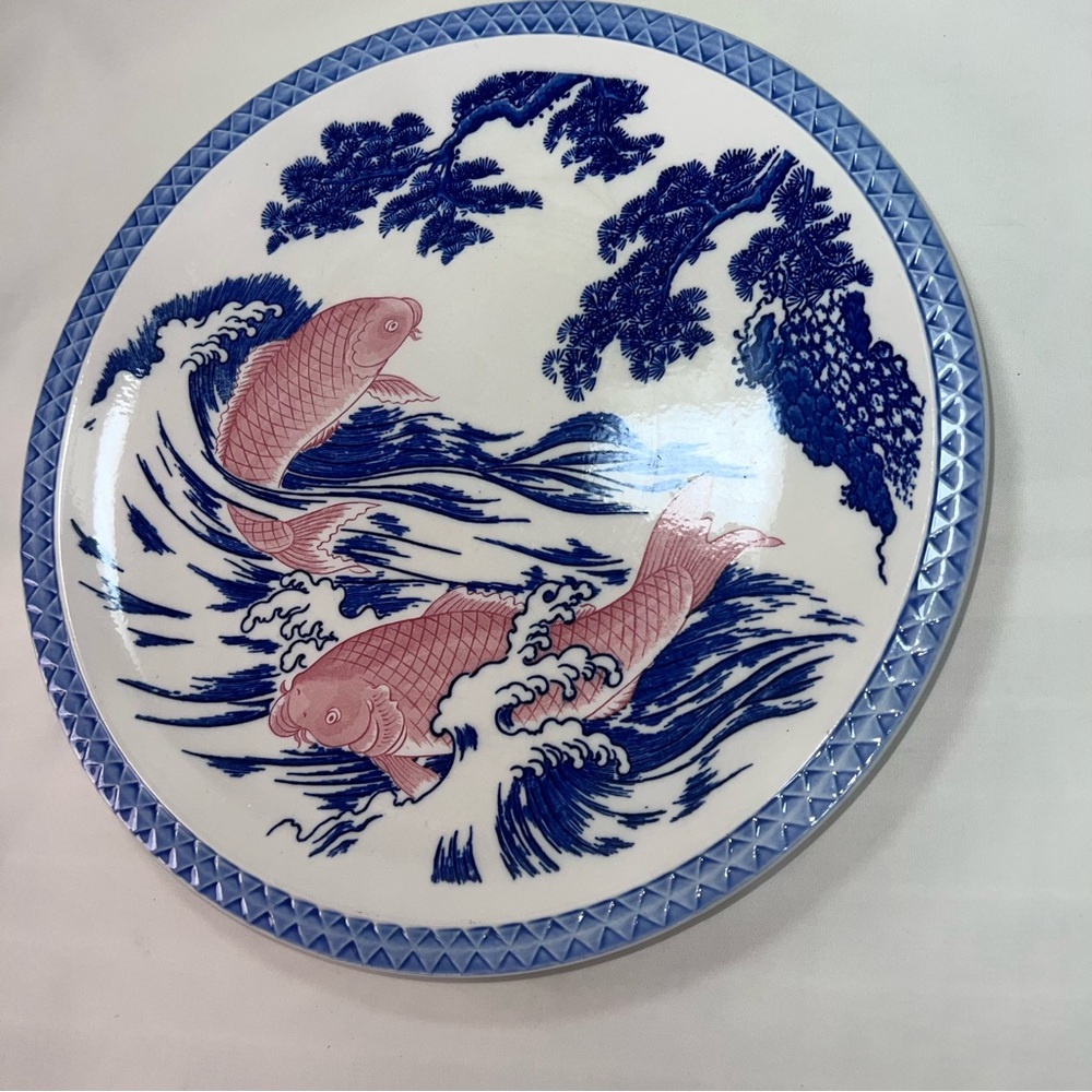 Blue and White Decorative Plate with Fish Design - Picture 6 of 15